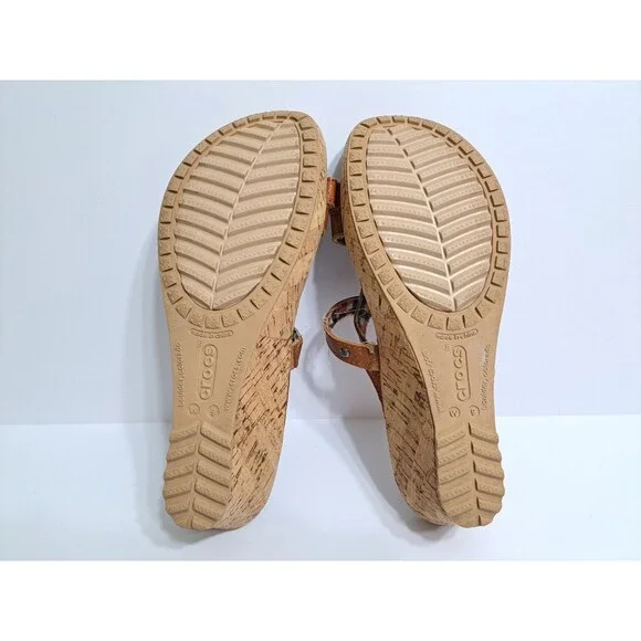 Crocs A-leigh Women's 9 Wedge Sandals Brown Leather Cork Strappy - Picture 9 of 10